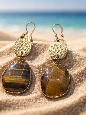 Large Natural Tiger’s Eye Statement Drop Earrings – Gold Filigree Boho